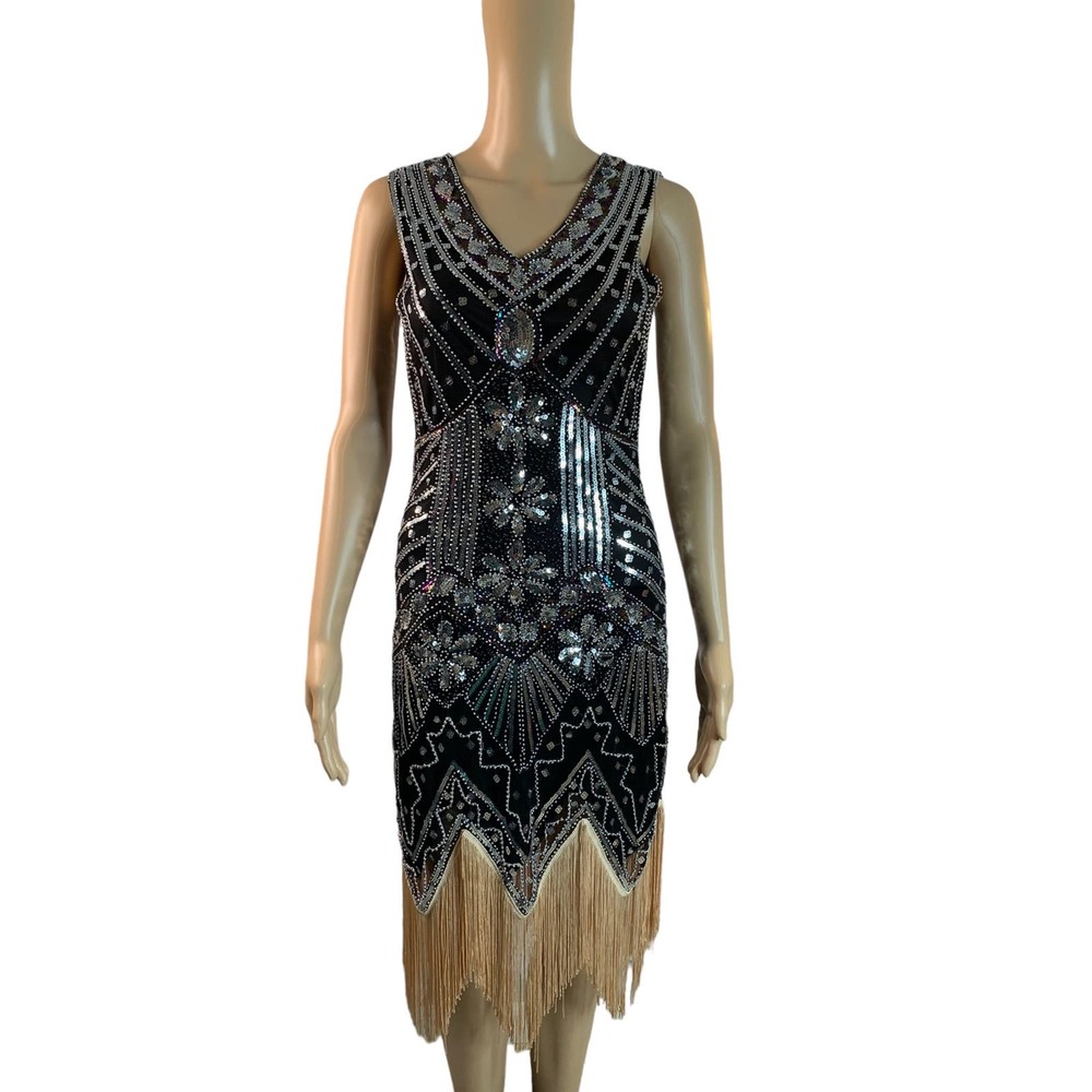 Sequin Dress 1920s Vintage Fringed Cocktail Flapper Dress Asymmetrical Hem Sz S
